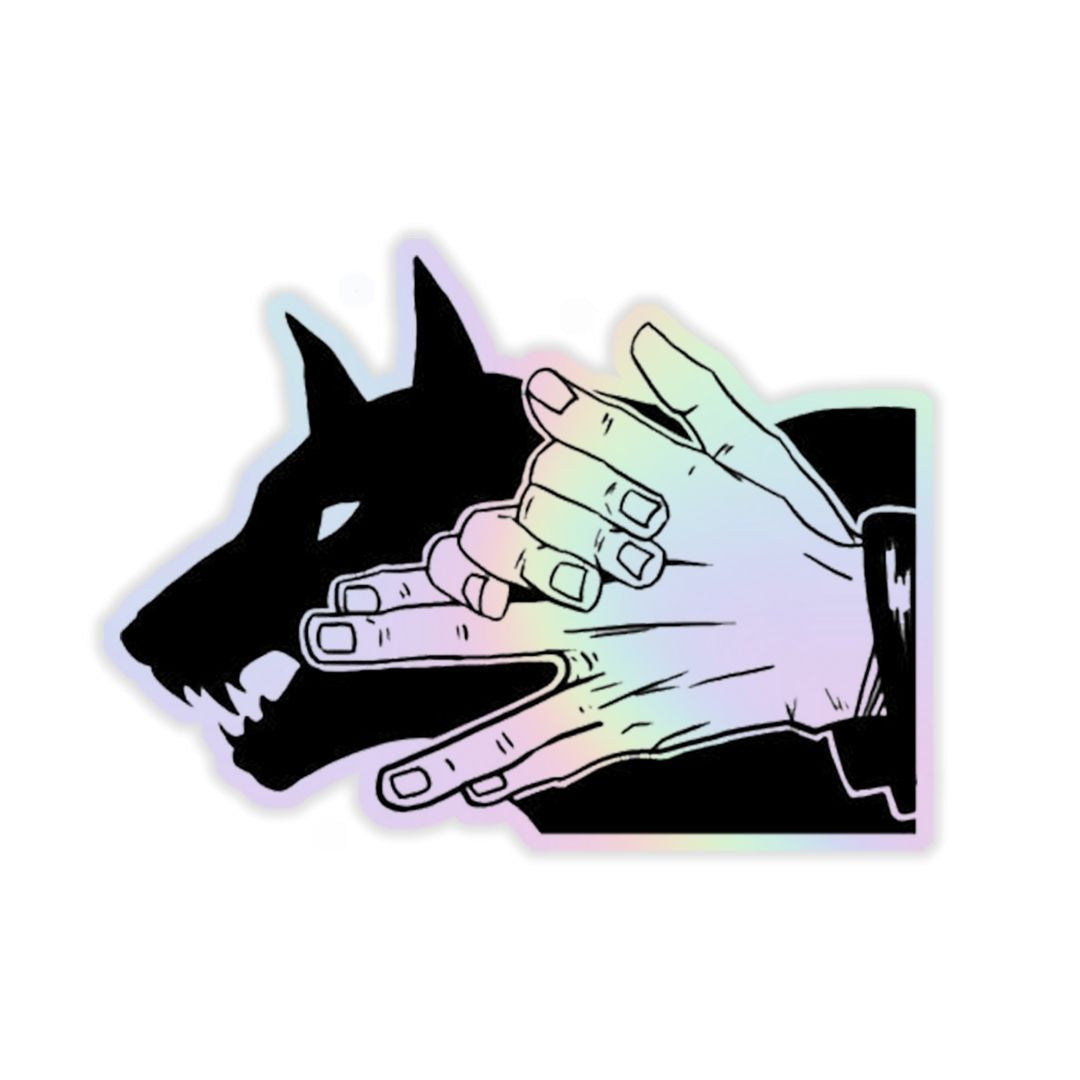 Devine Dog Hand Sign Holographic Sticker