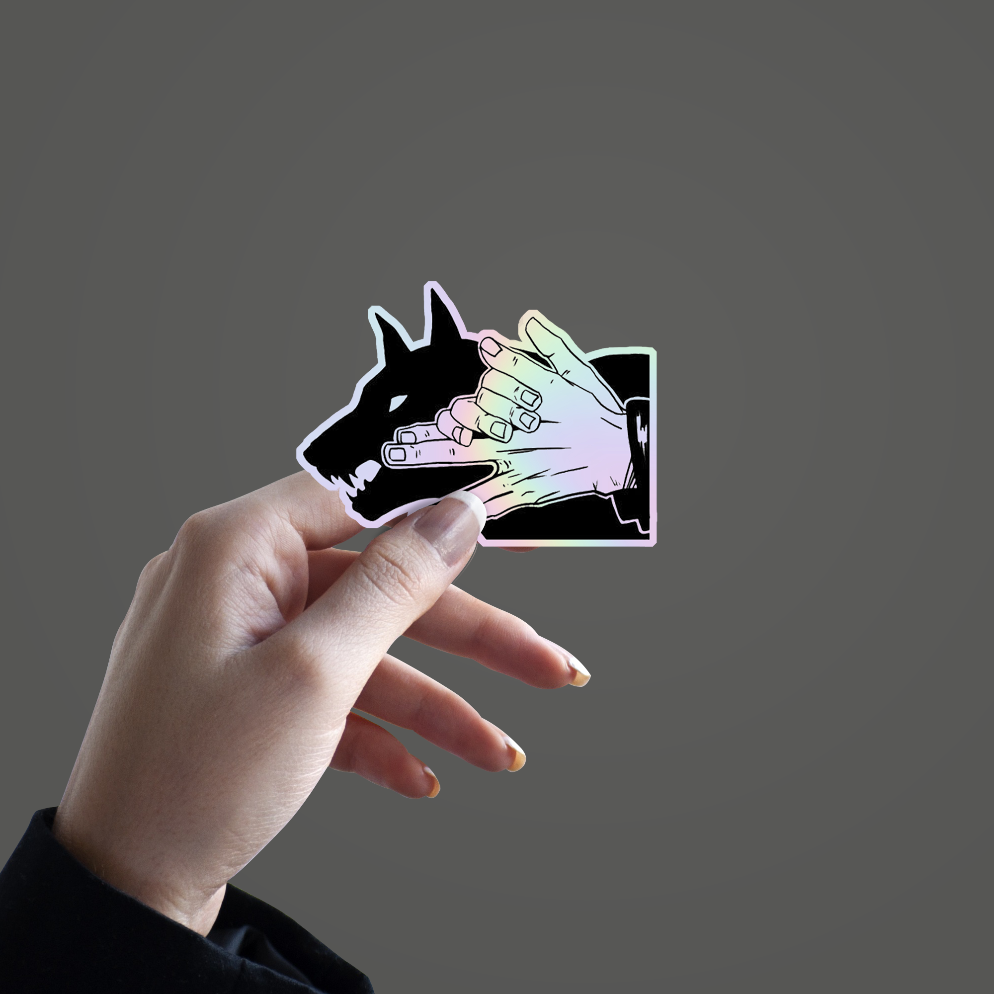 Devine Dog Hand Sign Holographic Sticker