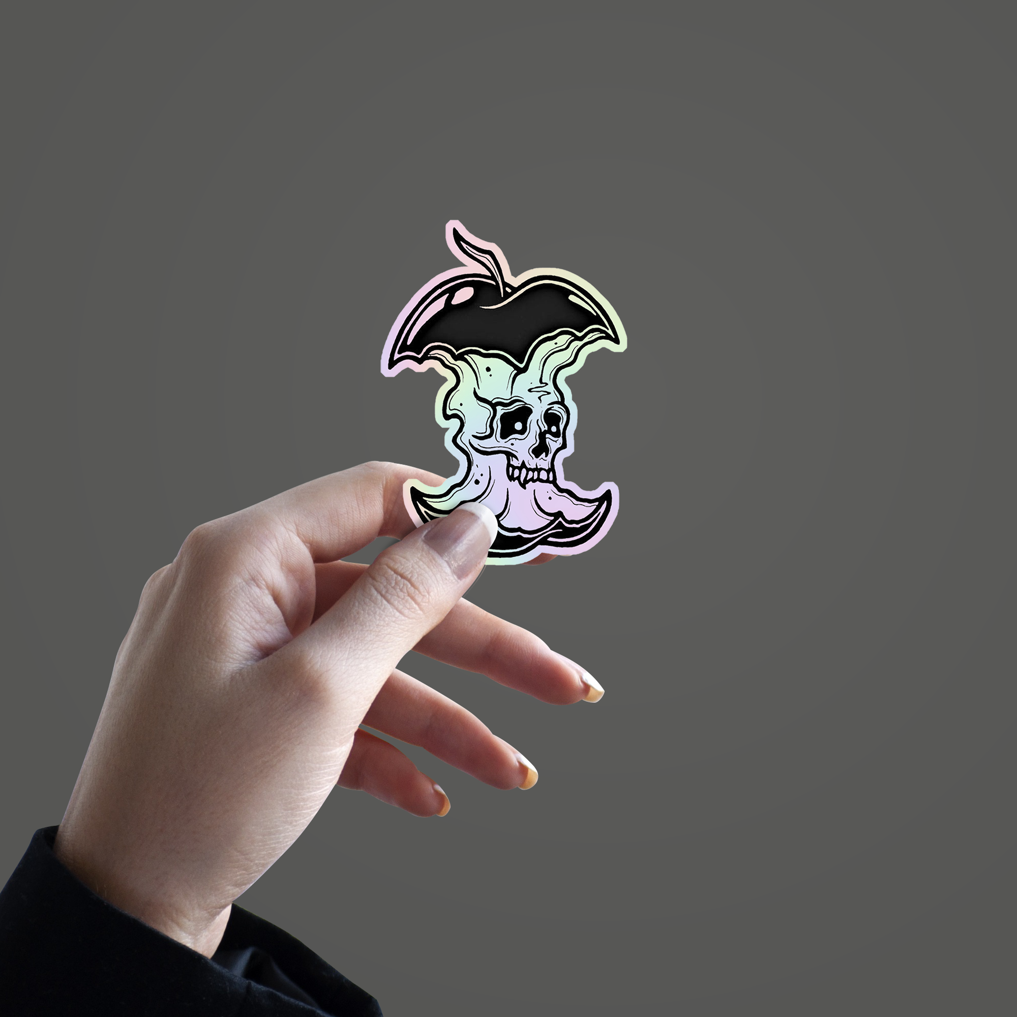 Skeleton in Eaten Apple Holographic Sticker