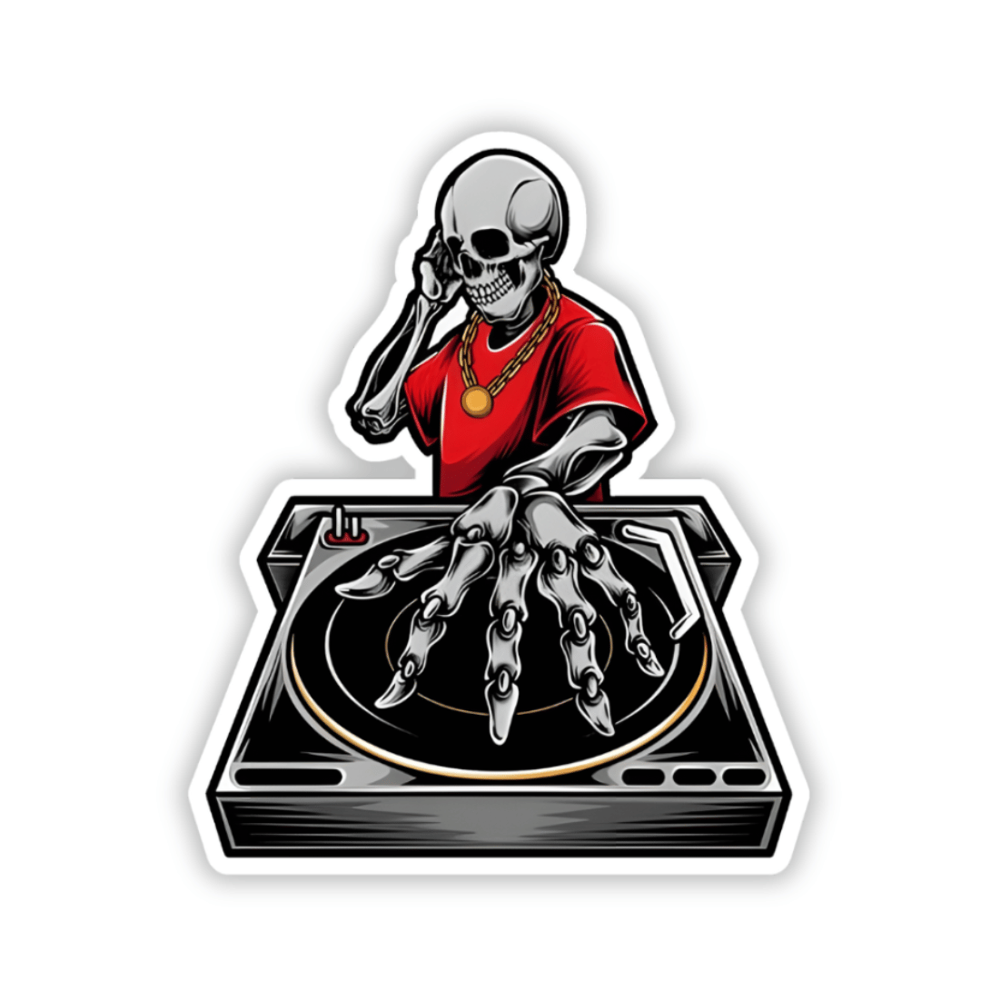 Skeleton playing DJ Sticker