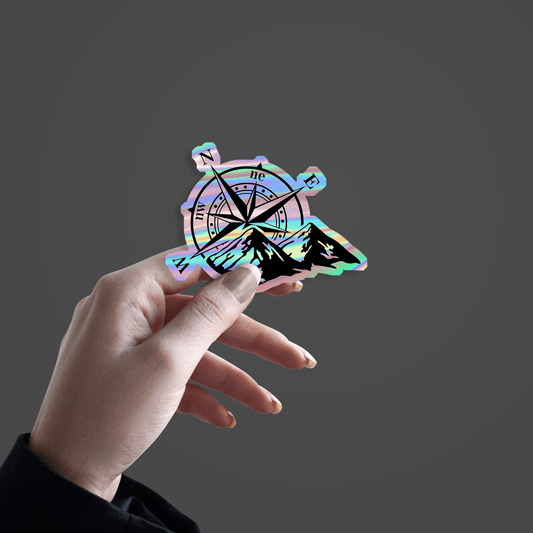 Compass With Mountains Holographic Sticker