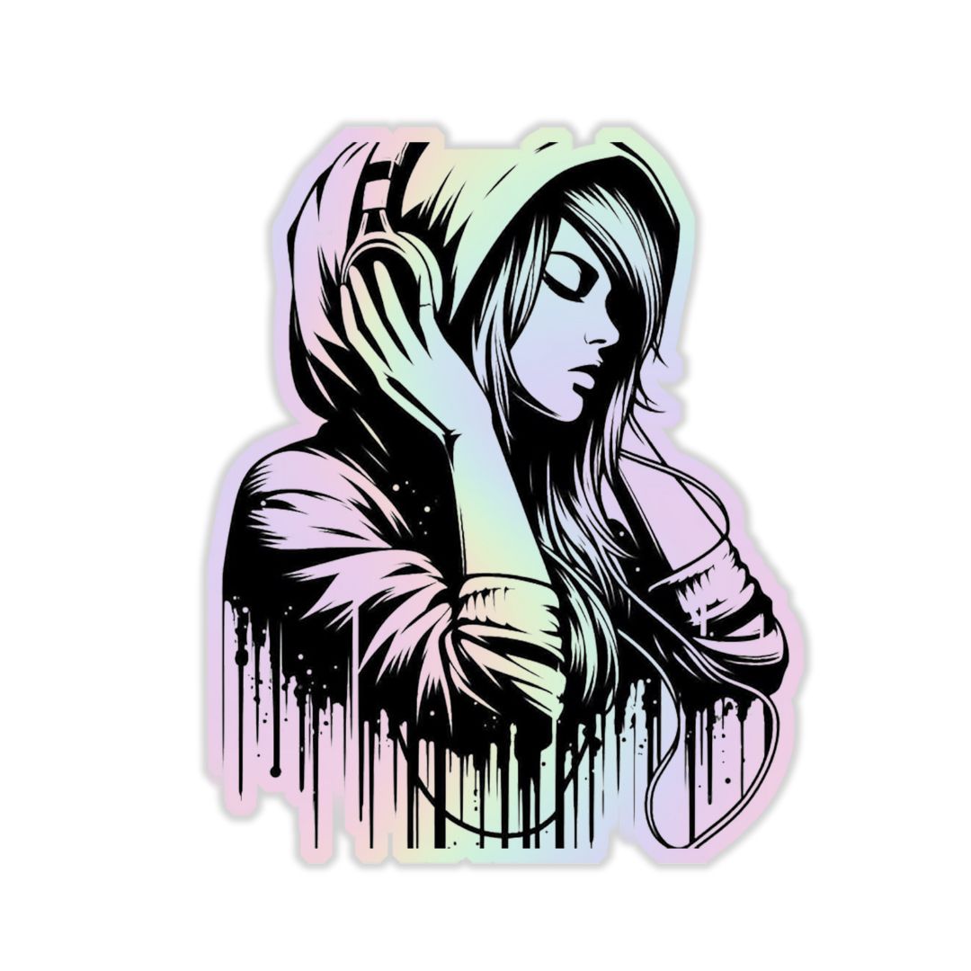 Girl Listening Music Holographic Sticker