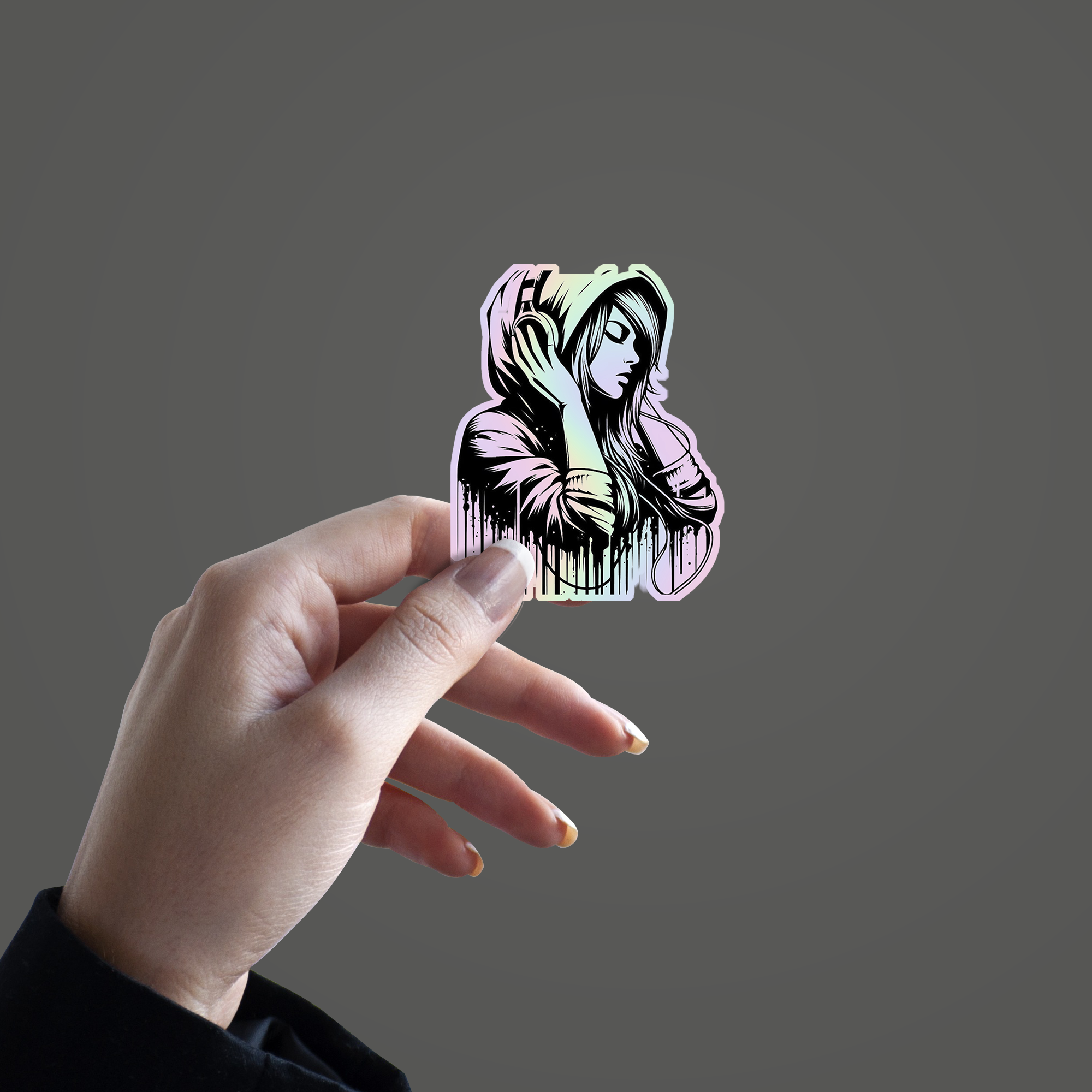 Girl Listening Music Holographic Sticker