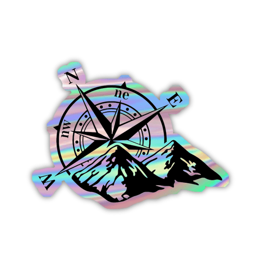 Compass With Mountains Holographic Sticker