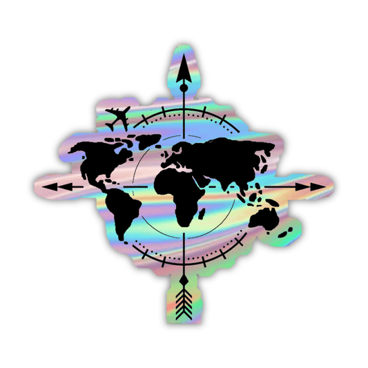 Compass on World  Map Holographic Sticker